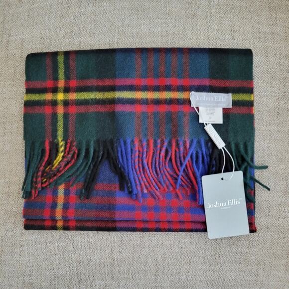 Joshua Ellis tartan 100% cashmere scarf in new green/scarlet red/blue - Picture 3 of 8